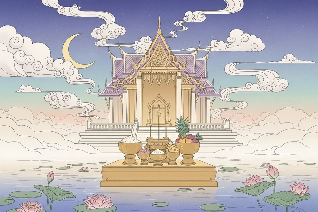 ศาลาวัดไทยบรรยากาศยามพลบค่ำ มีโต๊ะวางบาตรและถ้วยข้าวถวาย ลอยเหนือสระบัว พาสเทลอ่อน