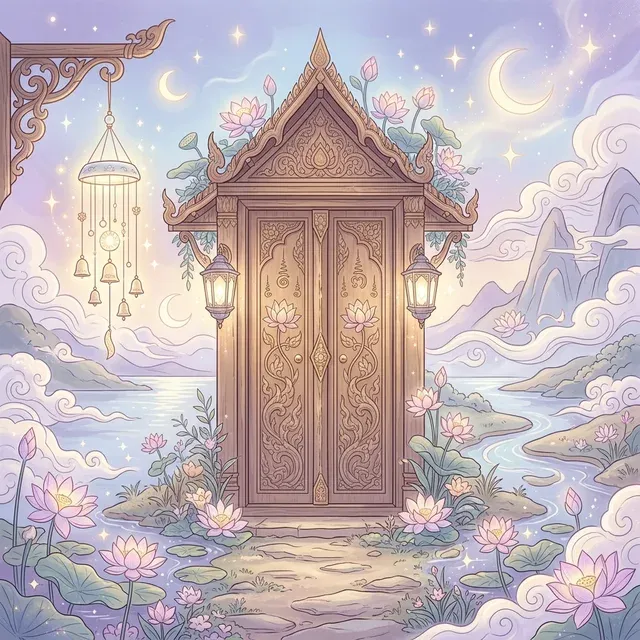 A beautiful wooden front door aligned properly, with a soft glowing wind chime hanging nearby, radiating peaceful energy.