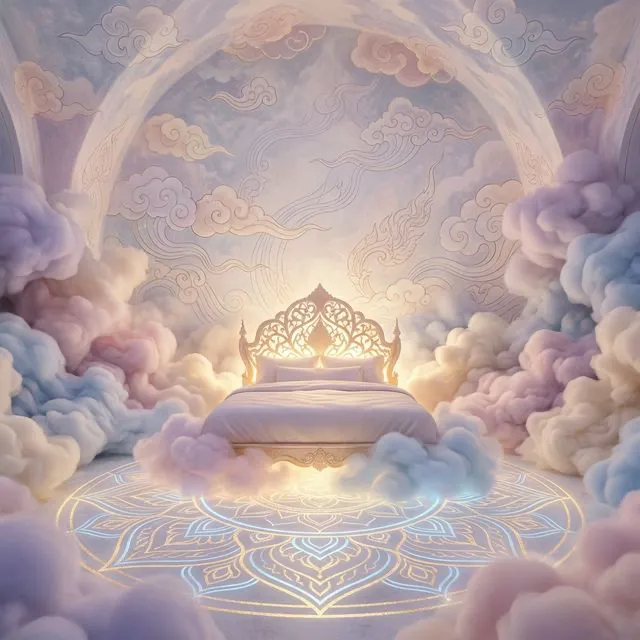 ภาพประกอบเตียงนอนหรูหราลอยอยู่ท่ามกลางหมู่เมฆและแสงสีทอง แสดงถึงทิศทางมงคลและพลังงานฮวงจุ้ยที่ดี