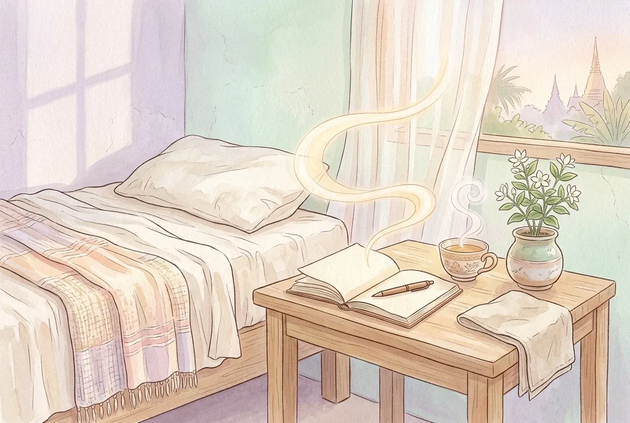 มุมห้องนอนยามเช้าที่มีสมุดบันทึกความฝัน ชาอุ่น ๆ และแสงอ่อน ๆ ช่วยให้ใจสงบหลังตื่นจากฝันรุนแรง