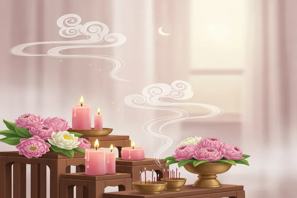 แท่นบูชาเล็กจุดเทียนชมพูและดอกบัวสำหรับสวดคาถาเรียกคนรัก