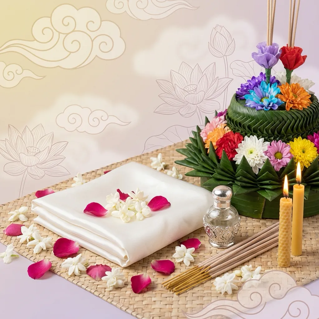 เครื่องบูชาและของใช้ในพิธีลอยอังคาร ประกอบด้วยผ้าขาว ดอกมะลิ กลีบกุหลาบ ธูปเทียน น้ำอบไทย และกระทงดอกไม้ 7 สี