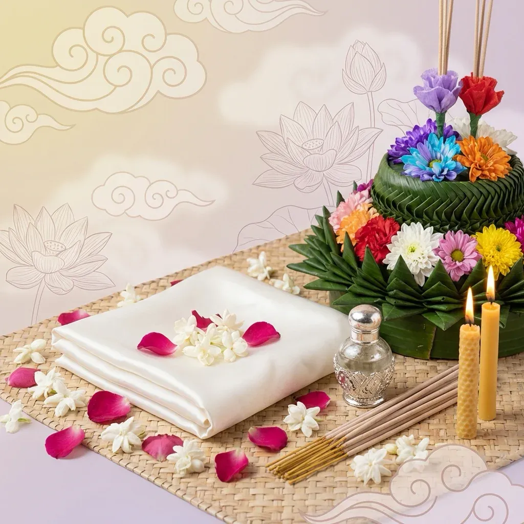 เครื่องบูชาและของใช้ในพิธีลอยอังคาร ประกอบด้วยผ้าขาว ดอกมะลิ กลีบกุหลาบ ธูปเทียน น้ำอบไทย และกระทงดอกไม้ 7 สี