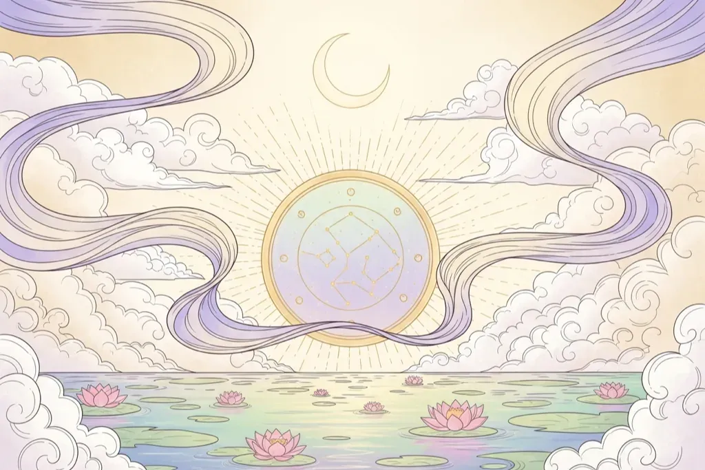 ภาพประกอบเบอร์มงคล สไตล์ไทยพาสเทล แผนผังดาว 9 ดวงเชื่อมกันด้วยเส้นทอง พร้อมดอกบัวลอยบนสระน้ำและพระจันทร์เสี้ยว