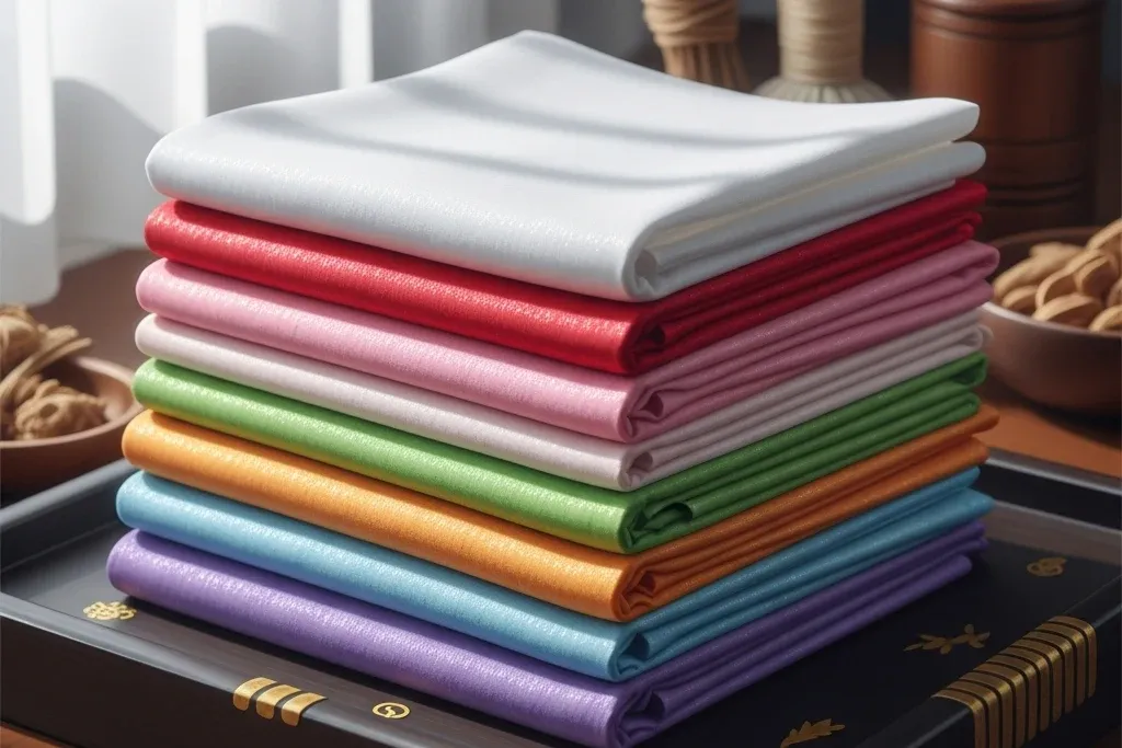 สีเสื้อมงคลครบ 7 สี ผ้าไหมหลากสีพลิ้วไหวท่ามกลางดอกบัวและเมฆมงคล