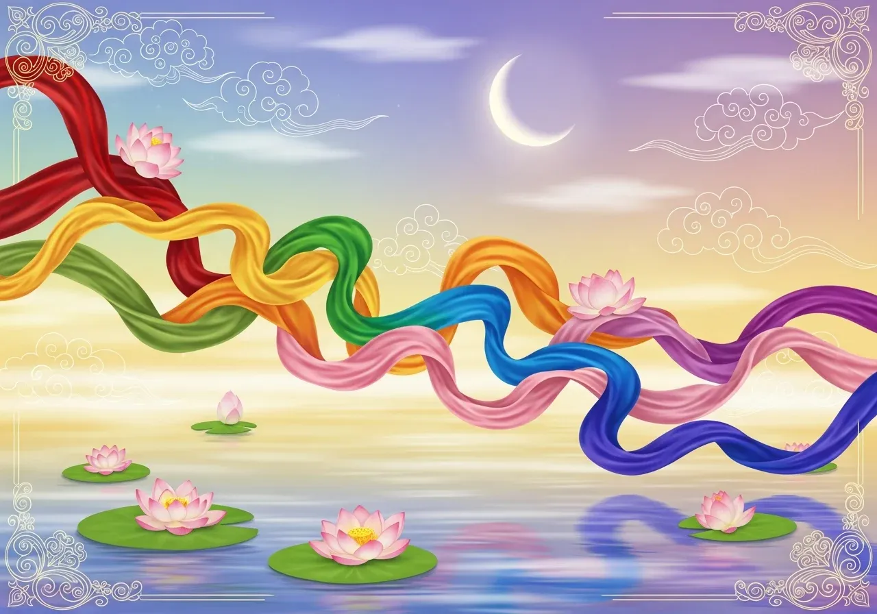 สีเสื้อมงคลครบ 7 สี ผ้าไหมหลากสีพลิ้วไหวท่ามกลางดอกบัวและเมฆมงคล