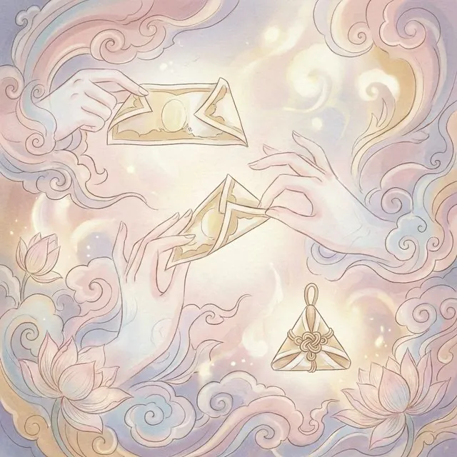 วิธีการพับแบงค์ขวัญถุงเป็นรูปสามเหลี่ยมมงคล พร้อมดอกบัวและแสงสีทอง