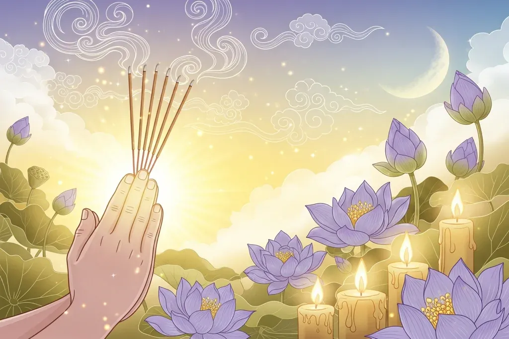 คาถาเรียกเงิน เรียกทรัพย์ บรรยากาศสวดมนต์ จุดธูปเทียน ดอกบัว