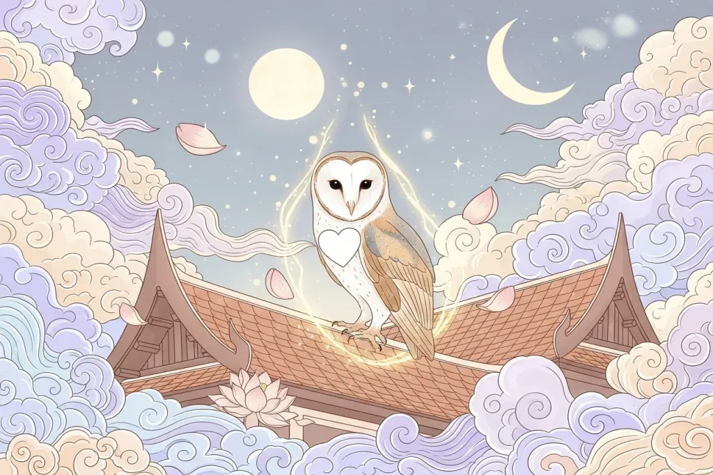 นกแสกหน้ารูปหัวใจเกาะหลังคากระเบื้องดินเผาไทยในยามค่ำคืน