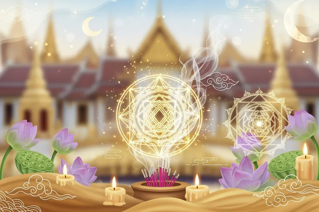 ยันต์ห้าแถว บรรยากาศวัดไทย ธูปเทียน ดอกบัว ลายยันต์ศักดิ์สิทธิ์