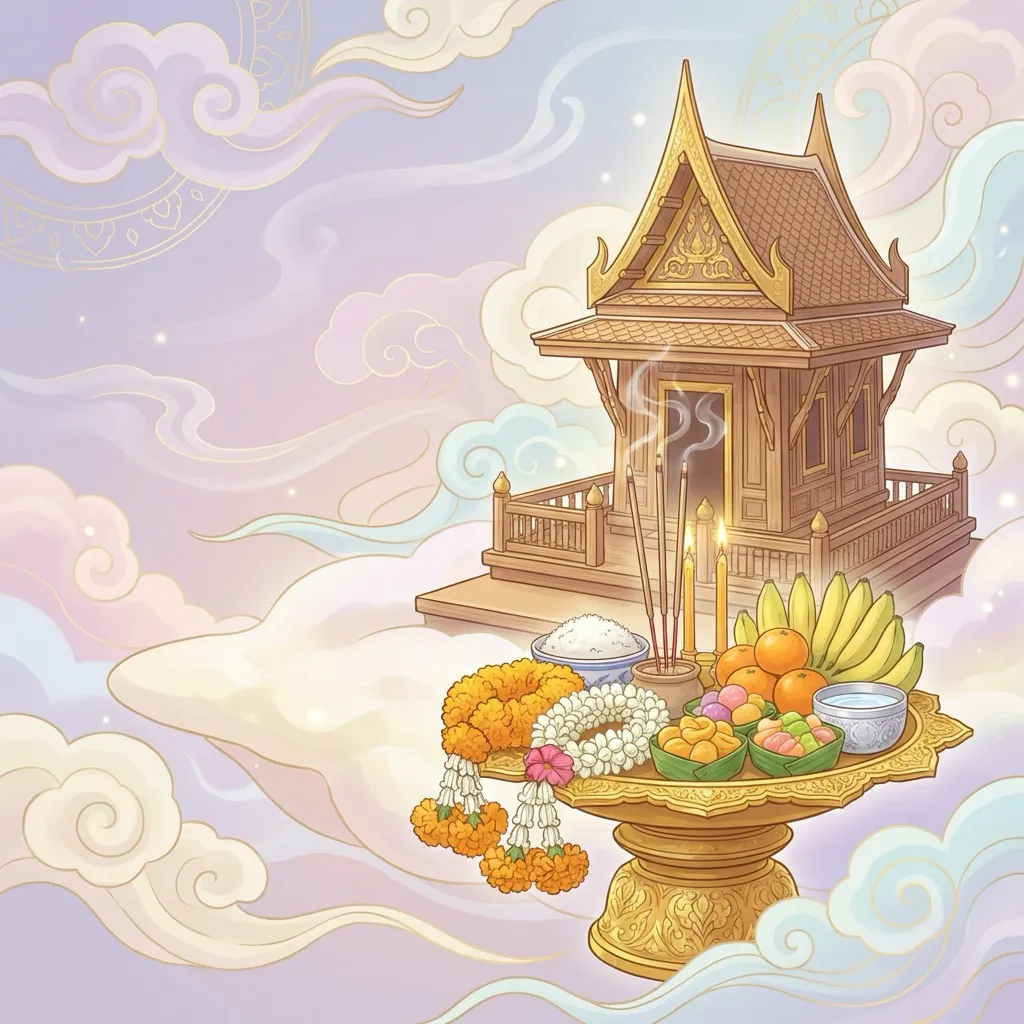 ของไหว้ศาลพระภูมิที่จัดเตรียมอย่างถูกต้อง ประกอบด้วยพวงมาลัยดอกดาวเรือง ผลไม้มงคล ขนมไทย และเครื่องสักการะ