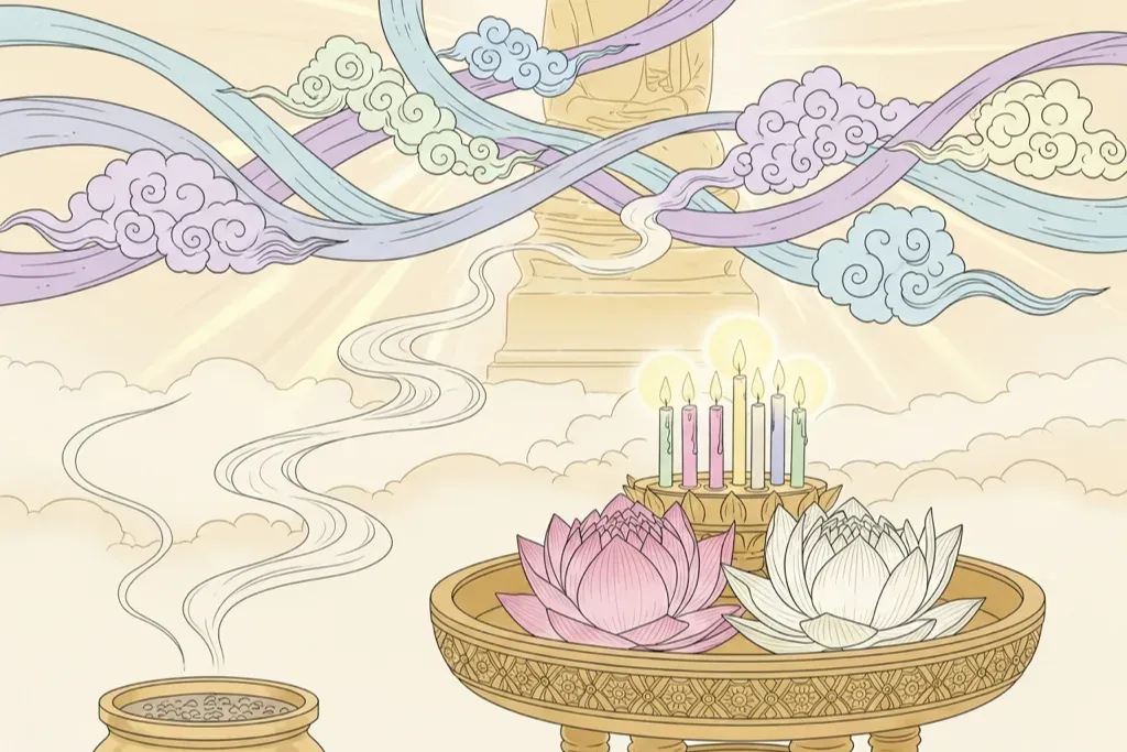 ภาพประกอบวัดขอลูก กรุงเทพ สไตล์ไทยพาสเทล ดอกบัวลอยบนสระน้ำศักดิ์สิทธิ์ พร้อมเจดีย์ทองและเมฆม่านสีลาเวนเดอร์