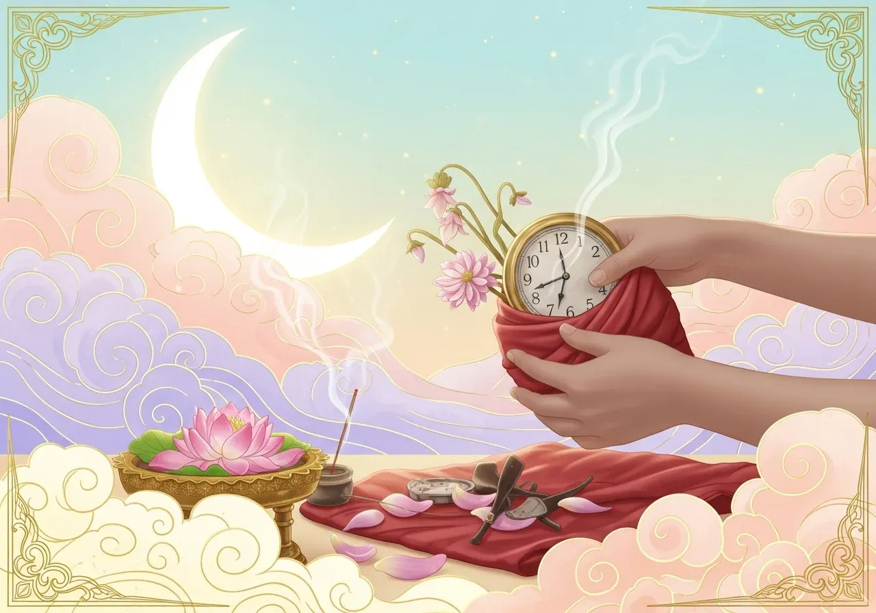 มือโอบอุ้มของเก่าพังห่อในผ้าแดงพร้อมพานดอกบัวและธูป สื่อถึงการทิ้งของอัปมงคลอย่างเคารพ