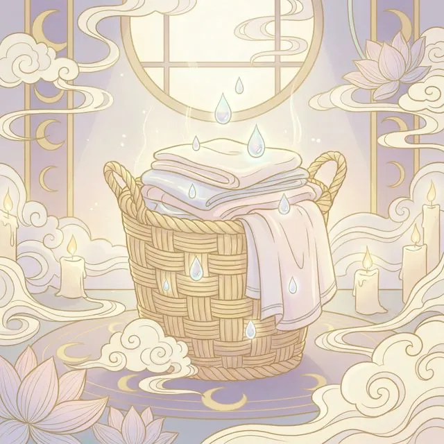 Illustration of a beautifully decorated laundry basket shining with ethereal positive energy