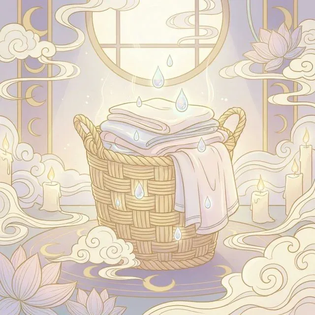 Illustration of a beautifully decorated laundry basket shining with ethereal positive energy