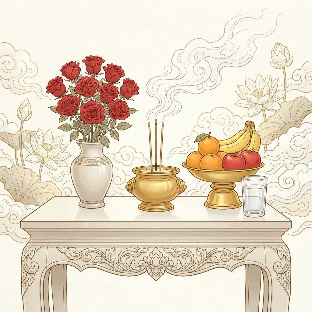 ของไหว้ท้าวเวสสุวรรณ ประกอบด้วยกุหลาบแดง ธูป ผลไม้ และน้ำเปล่า