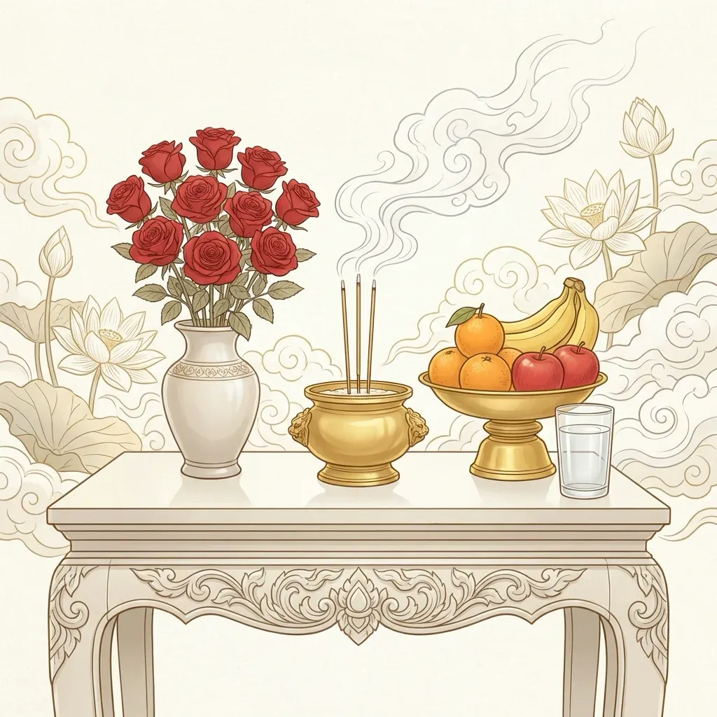 ของไหว้ท้าวเวสสุวรรณ ประกอบด้วยกุหลาบแดง ธูป ผลไม้ และน้ำเปล่า