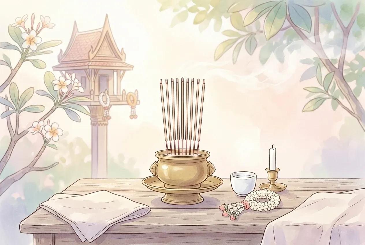 พานบูชาครูและสิ่งศักดิ์สิทธิ์พร้อมธูป 9 ดอก เปรียบเสมือนการน้อมนำสิ่งมงคล