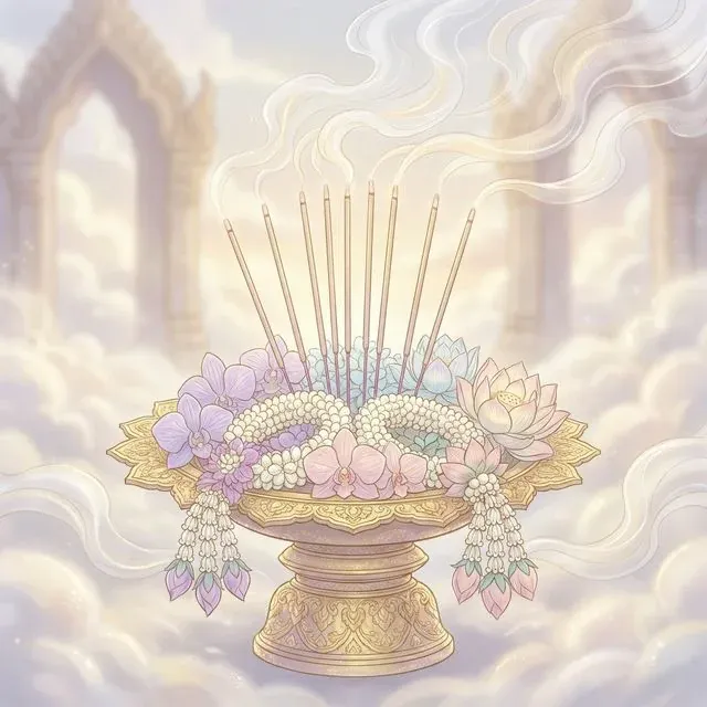 พานบูชาครูและสิ่งศักดิ์สิทธิ์พร้อมธูป 9 ดอก เปรียบเสมือนการน้อมนำสิ่งมงคล