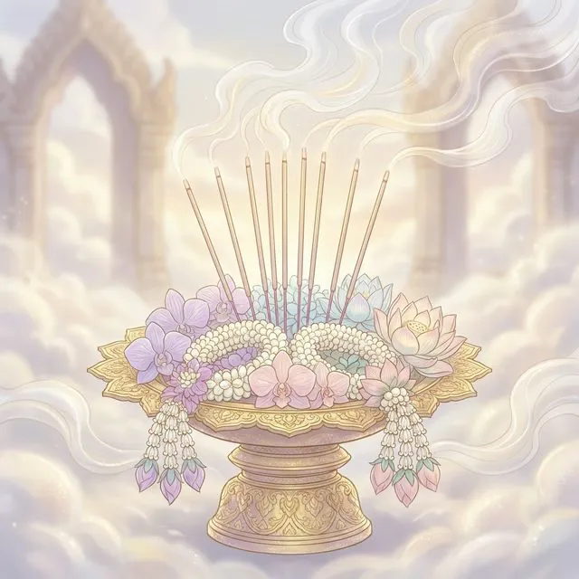 พานบูชาครูและสิ่งศักดิ์สิทธิ์พร้อมธูป 9 ดอก เปรียบเสมือนการน้อมนำสิ่งมงคล