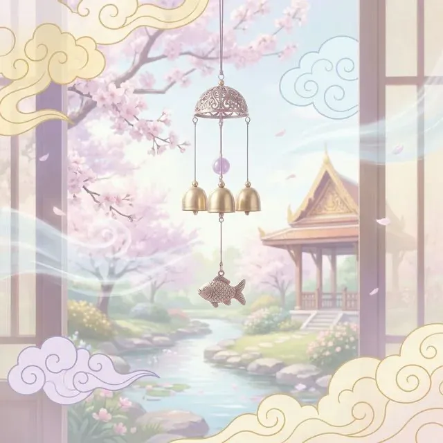 ภาพประกอบโมบายลมโลหะแขวนริมหน้าต่างมองเห็นสวนสงบร่มรื่น สื่อถึงการไหลเวียนของพลังงานชี่ที่ดี