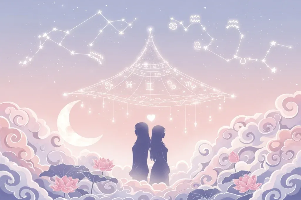 สองเงาคนรักยืนเคียงข้างใต้กลุ่มดาว 12 ราศี สื่อถึงดวงสมพงศ์เนื้อคู่