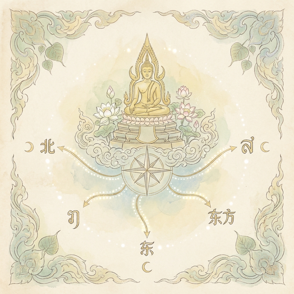 ทิศมงคลสำหรับวางหิ้งพระตามหลักฮวงจุ้ย แสดงทิศเหนือ ทิศตะวันออก และทิศตะวันออกเฉียงเหนือ