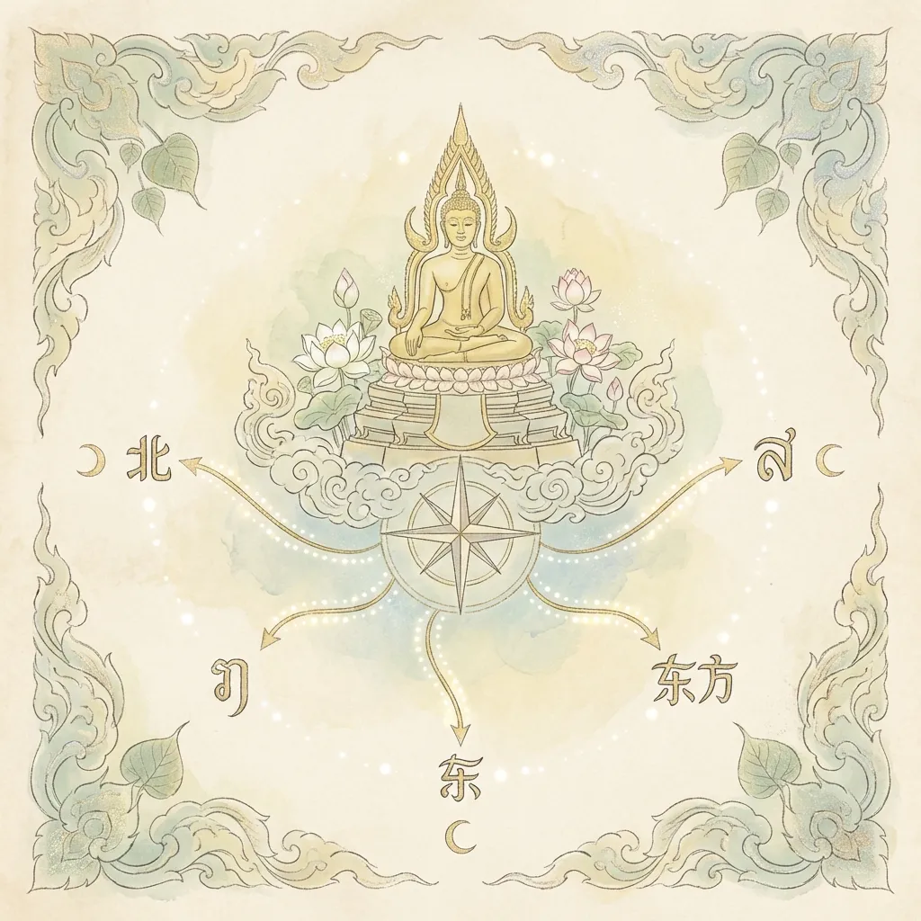 ทิศมงคลสำหรับวางหิ้งพระตามหลักฮวงจุ้ย แสดงทิศเหนือ ทิศตะวันออก และทิศตะวันออกเฉียงเหนือ